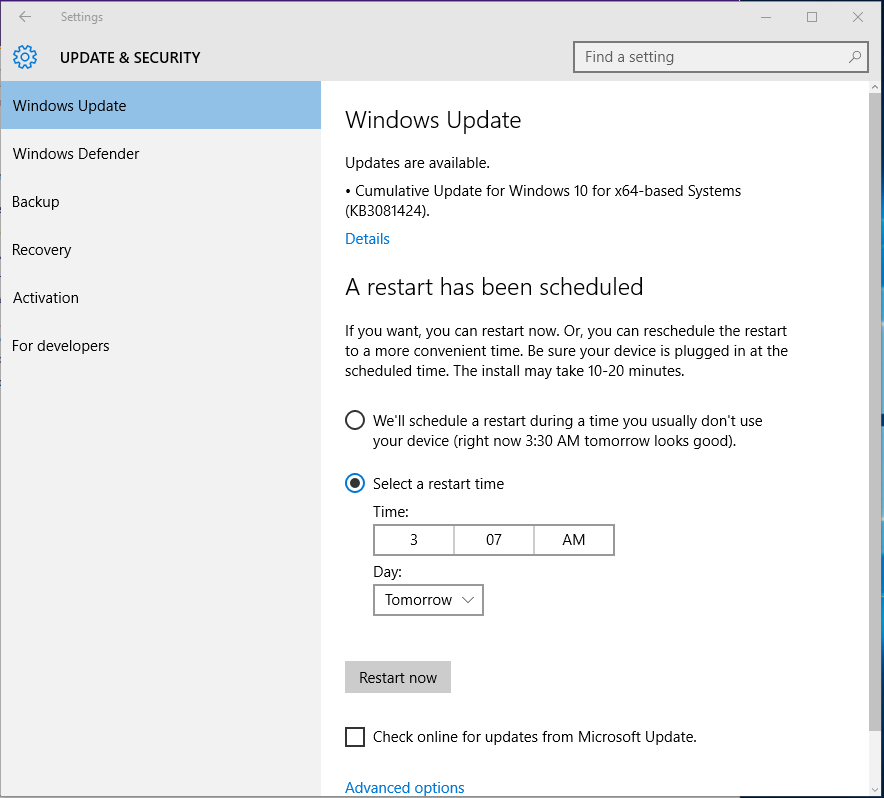 Windows Update tab in the settings window