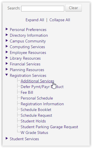 Additional services option located at the left hand side panel of the screen.