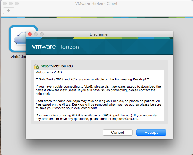 showing the Disclaimer screen in VMware Horizion