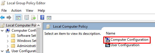 screenshot of local group policy editor with computer configuration selected