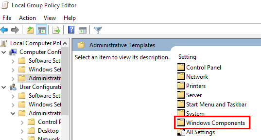 screenshot of local group policy editor with windows components selected