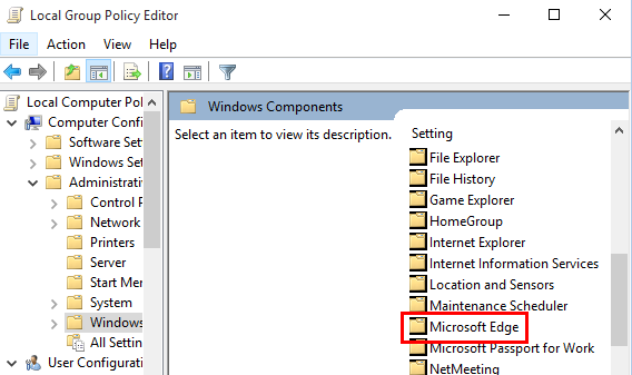 screenshot of local group policy editor with microsoft edge selected
