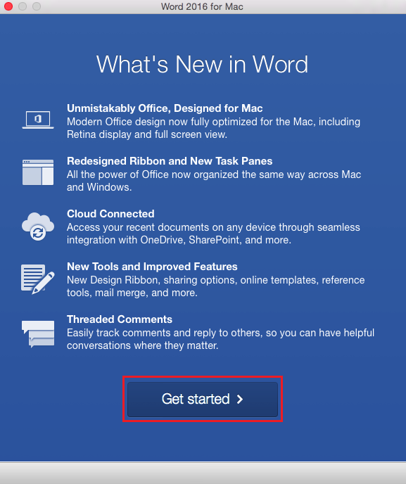 The what's new screen with the get started button highlighted at the bottom of the page