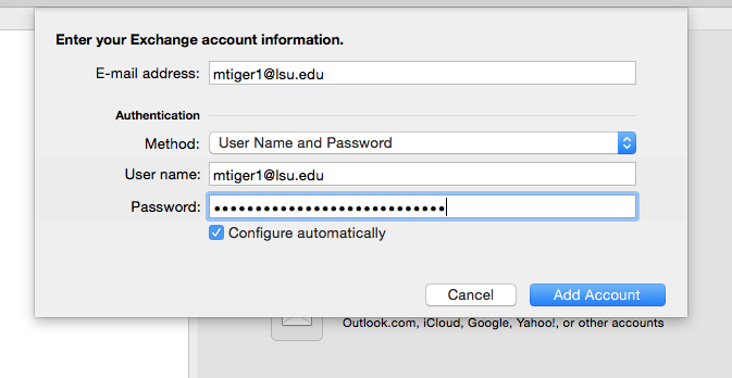 Input boxes for entering account information