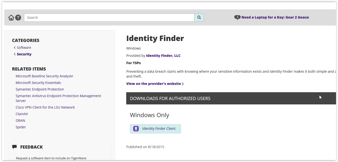 TigerWare Identity Finder download page