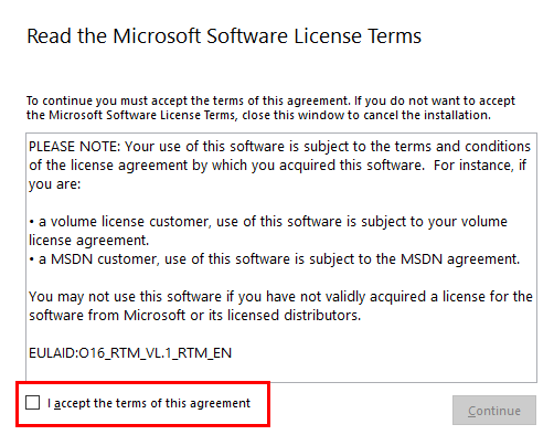 screenshot of accepting the microsoft terms.