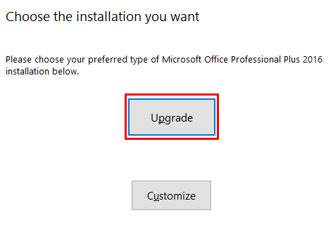 screenshot of microsoft 2016 upgrade button.