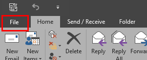 the "File" tab in the top left of the Outlook 2016 ribbon.