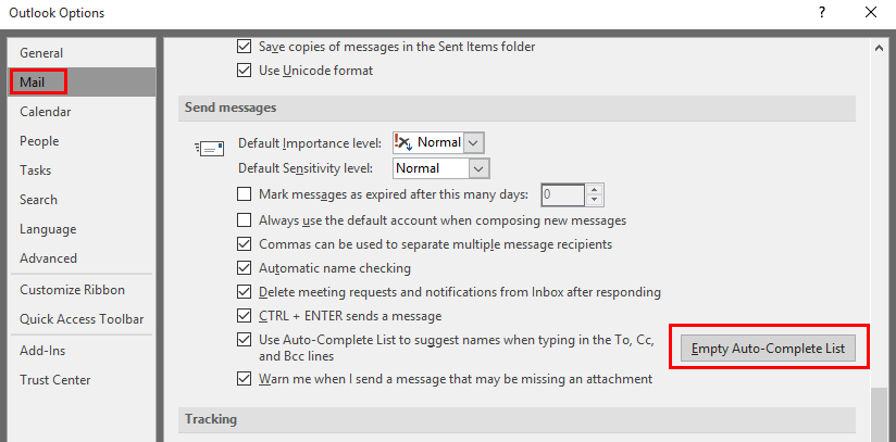 In the Mail tab, under Send Messages section, Empty auto complete button is highlighted at the right of the page