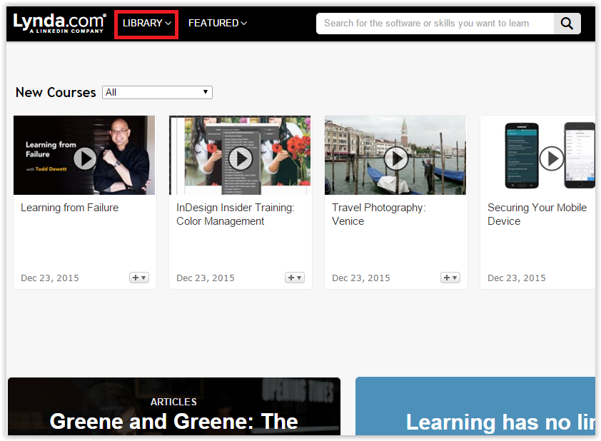 Lynda Campus with Library highlighted at the top of the screen.