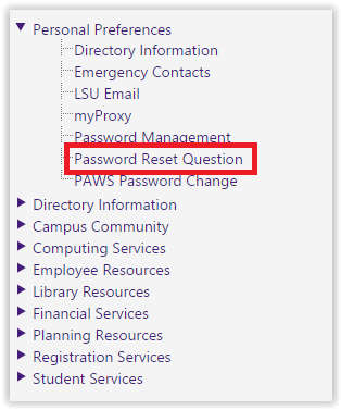 Password reset Question option underneath personal preferences expanded list