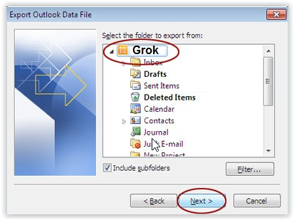 Window with the available mail folders to export information from.