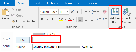 share calendar window with address book and to field highlighted