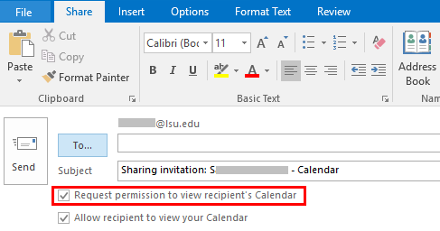 checkbox that requests to view the recipient's calendar.