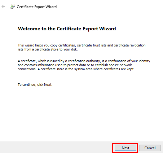 the certificate export wizard start window