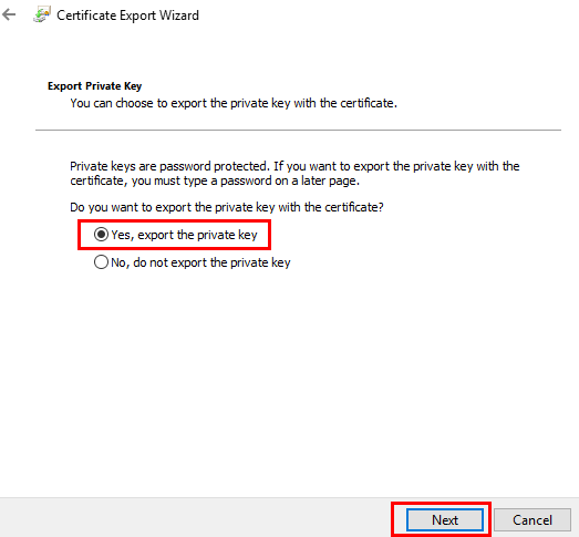 select the option to export key