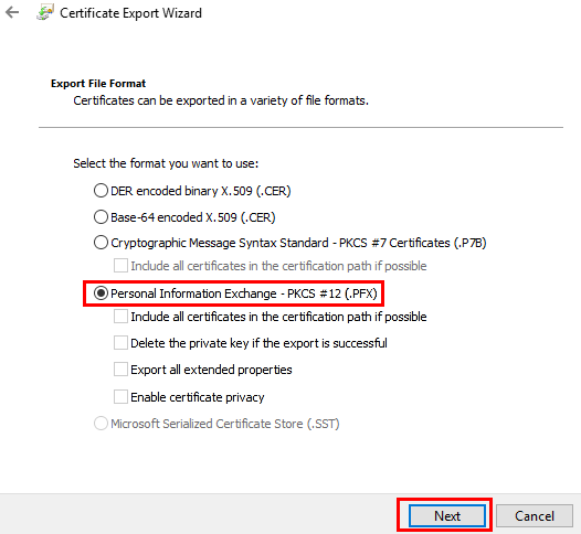 select personal information exchange from the options listed