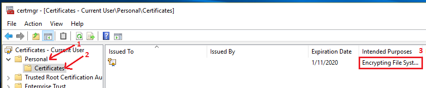 The Microsoft certificate folder under Personal > Certificates