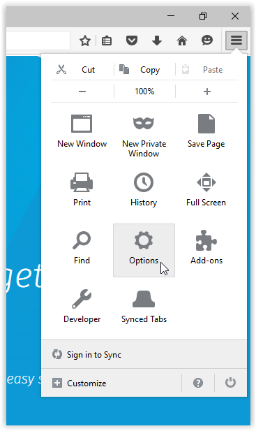 Options highlighted in the center of menu menu.