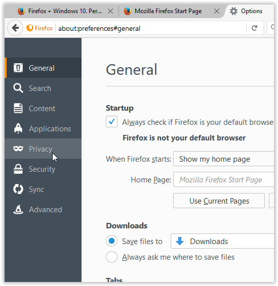 Privacy highlighted on the Options menu on the left hand side of the screen.