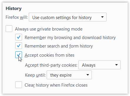 Accept cookies from sites checkbox.