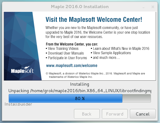Maple 2016 install window showing a progress bar of the software installation status
