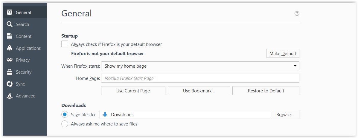 Firefox general options page