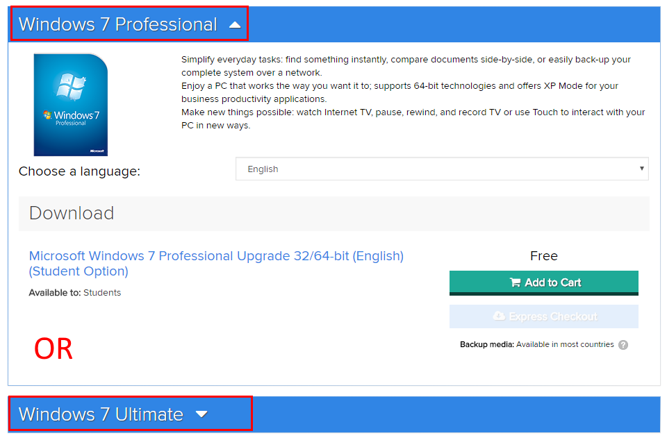 Windows 7 selections on On the hub