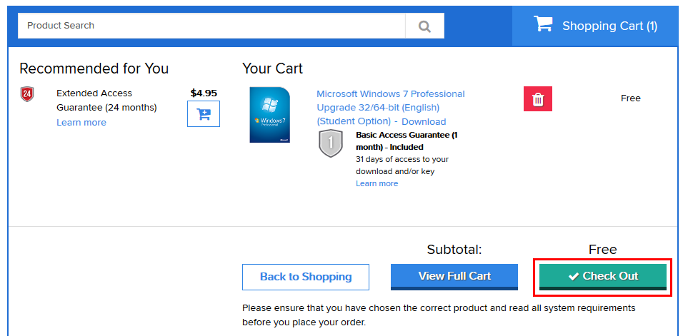shopping cart and check out button on OnTheHub