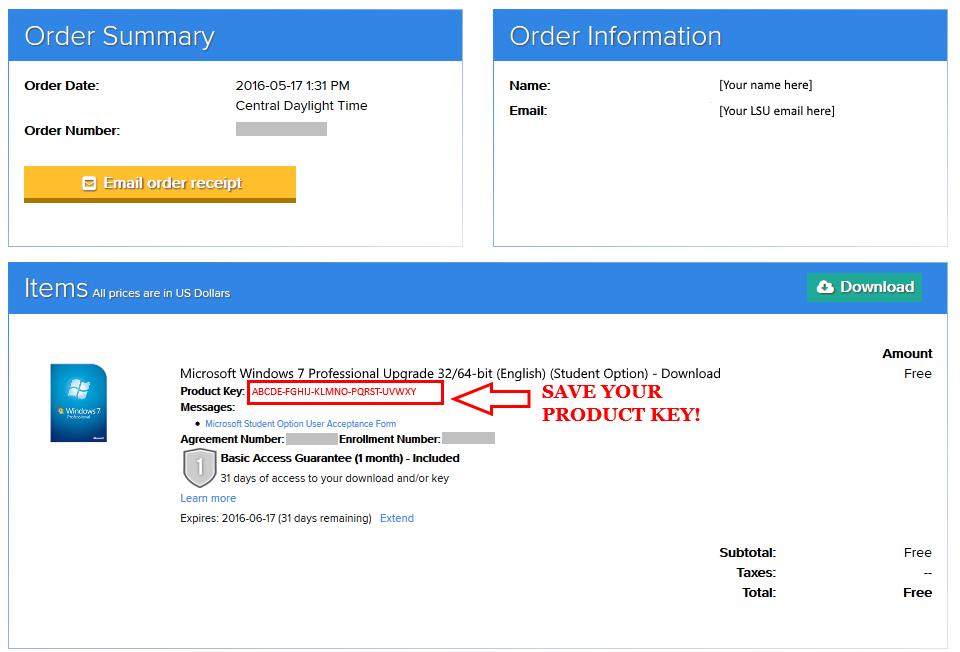 the Product Key and receipt page