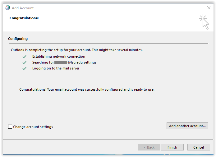 confirmation of succesfully configuring new outlook account