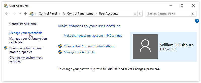 User accounts window in control panel