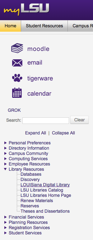 myLSU LOUISiana Digital Library link in sidebar