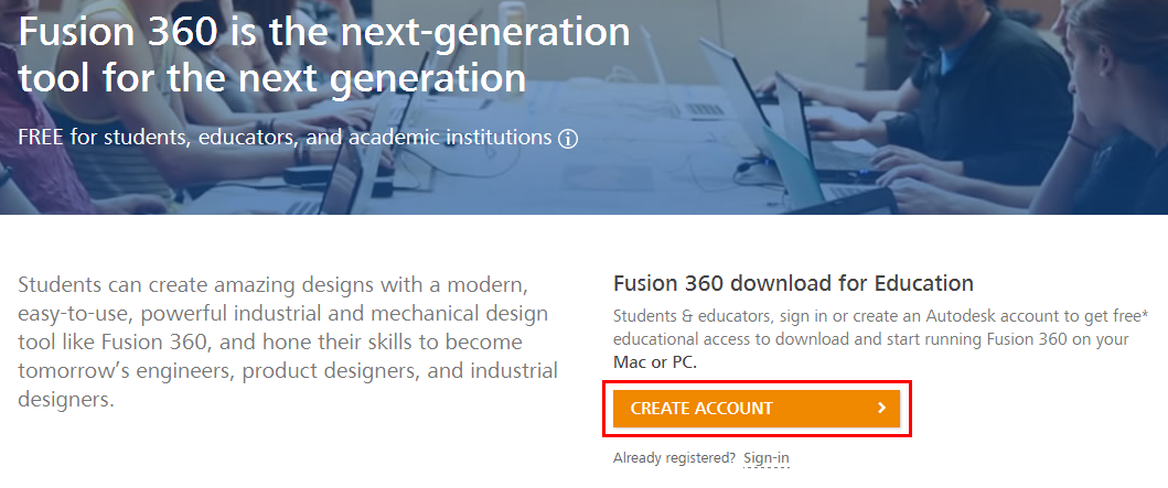 The autodesk website showing the create account button
