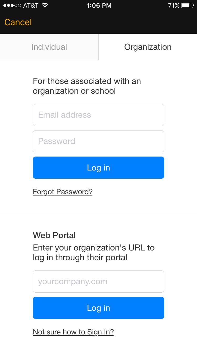 Lynda iOS app showing to login via individual or organization.