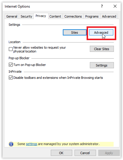 Privacy page with advanced highlighted in the top of the page.