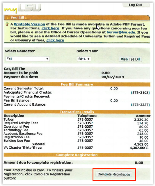 Example of fee bill for scholarship/Financial aid receivers