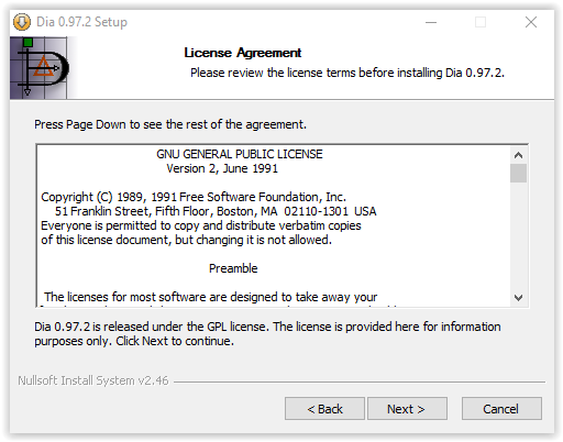 Dia license agreement window