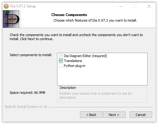 choose components window in Dia installation