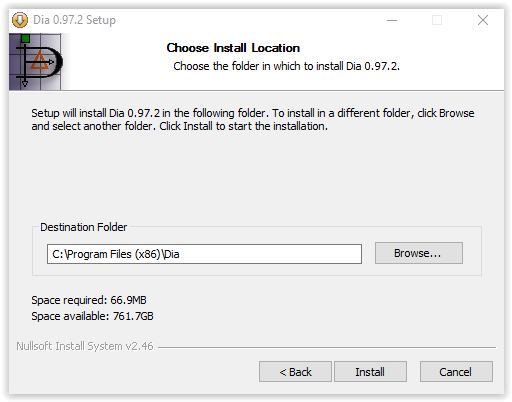 choose install location window for Dia installation