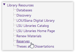 Library resources section with reserves highlighted