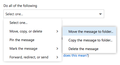 "Move message to folder" Rule Criteria dropdown menu