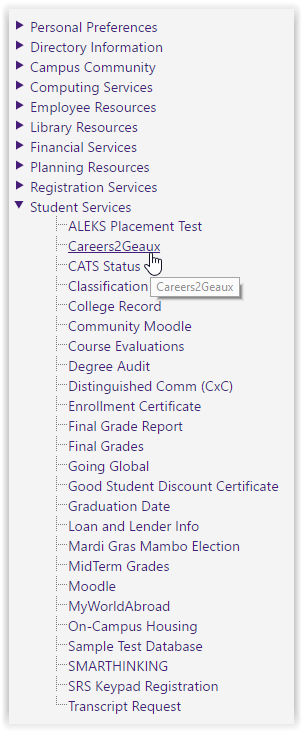 Careers2geaux option on the student services drop menu