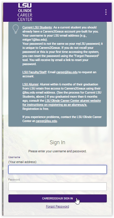 Careers2Geaux log-in screen