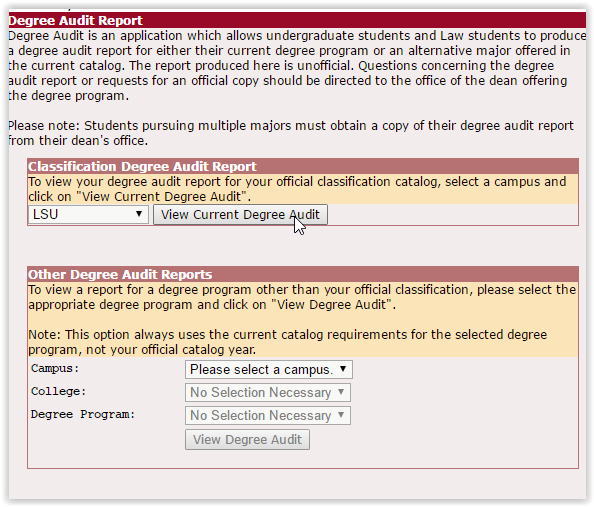 Degree Audit report - view current degree audit button