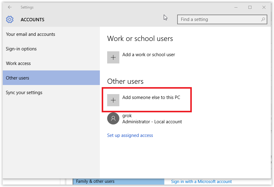 other users screen with Add someone else to this PC highlighted