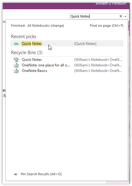 using OneNote search bar