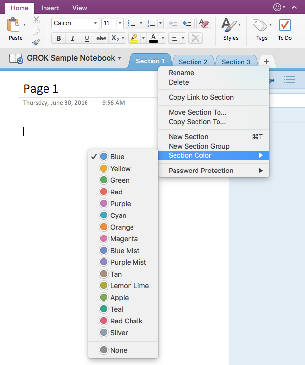 Section Color option highlighted