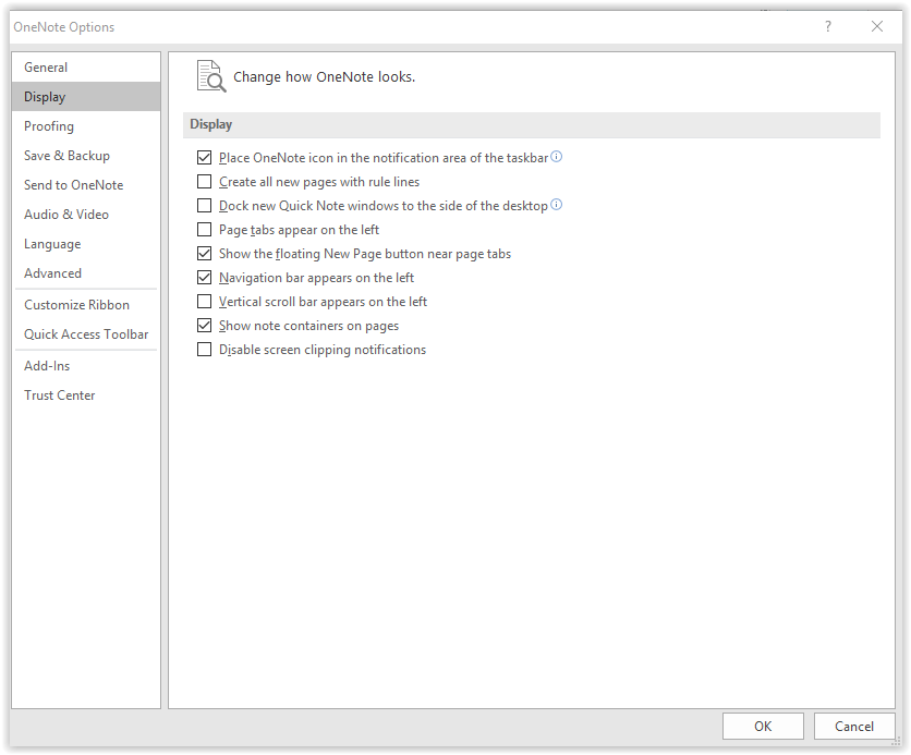 Onenote display options