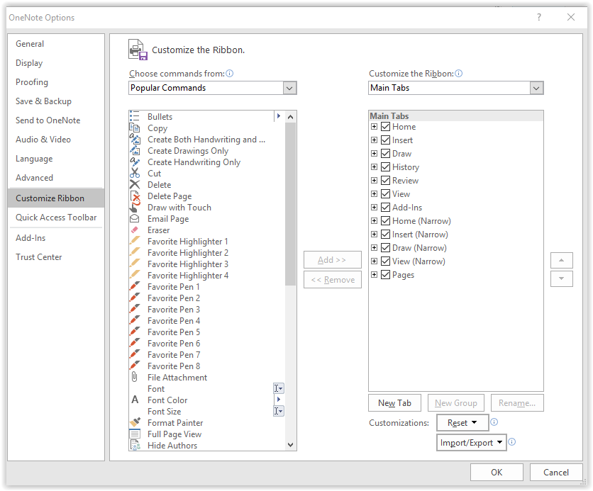 OneNote customize ribbon category